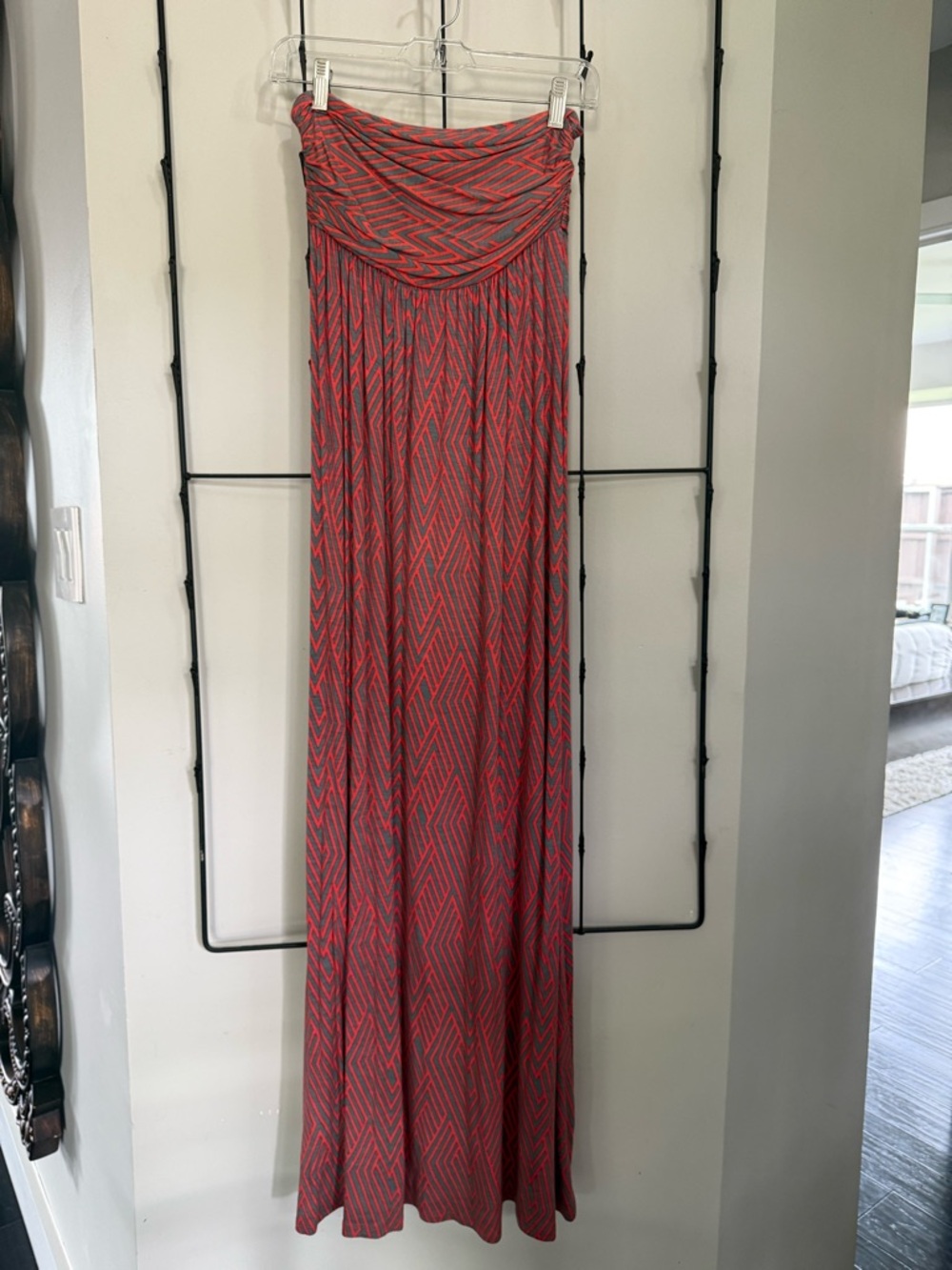 Hourglass Lilly Coral and Gray Chevron Strapless Maxi Dress